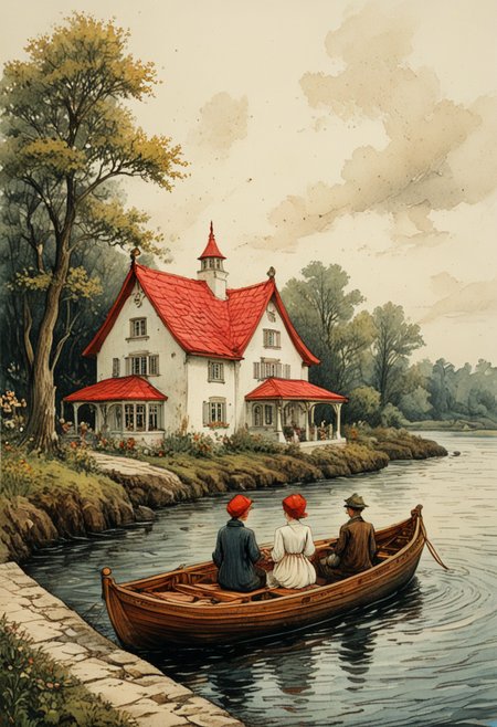 a watercolor painting of people on a boat in front of a white house with a red roof and a man and a woman sit on the, Anton Pieck style, Efteling, Anton Pieck Style, wdblkCE_style, idyllic, romanticized, mood, serene, magical, quiet, peaceful hopeful. pink red yellow white :: rough strokes, gritty, gangly, dark :: Lovely, dynamic, cute