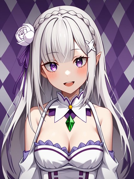 score_9,score_8_up,score_7_up,<lora:emilia_(re_zero):1>,strap, white_rose, english_commentary, hair_flower, light_smile, frilled_dress, hairclip, medium_breasts, emilia_\(re:zero\), cleavage, white_dress, bare_shoulders, long_sleeves, purple_ribbon, purple_flower, white_collar, eyelashes, detached_sleeves, light_blush, argyle_background, hair_ribbon, artist_name, looking_at_viewer, 1girl, green_gemstone, detached_collar, upper_body, open_mouth, white_sleeves, purple_background, solo