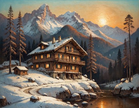 masterpiece, best quality, ultra-detailed,  elegant, snowy landscape, mountains, pine trees, distant cozy wooden house, dusk,  <lora:add-detail-xl:0.7> <lora:xl_more_art-full_v1:0.7>  <lora:sdxl/nicola_samori_dark_art_style:0.7> in the style of Nicola Samori