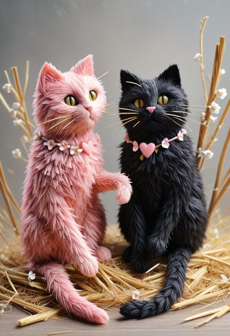 masterpiece, best quality, absurdres, cats made of Straw sitting on a tree branch, facing each other in an intimate and harmonious pose. The left cat is black, while the right cat is white, creating a striking contrast. They are surrounded by delicate, blooming branches with small flowers, adding a serene and romantic atmosphere. The background is softly blurred, focusing the viewer's attention on the cats and their interaction. The lighting is soft, emphasizing the texture of their fur and the gentle ambiance of the scene. pink heart in front of them, ((everything made out of Straw))