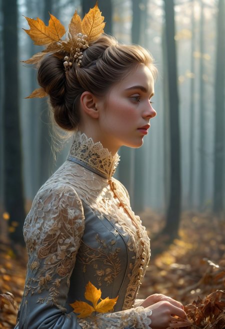 epiCRealism, masterpiece, highly detailed, one girl in a extremely detailed Victorian dress, lace and embroidery with golden leaves and pearls, hair made in a high bun, she walks alone through a late autumn forest in a cold morning, the Sun has just risen and timid sun-rays pierce the autumn leafs and reaches the early mist that clings to the earth, time stands still while  early snowflakes falls from a grey sky