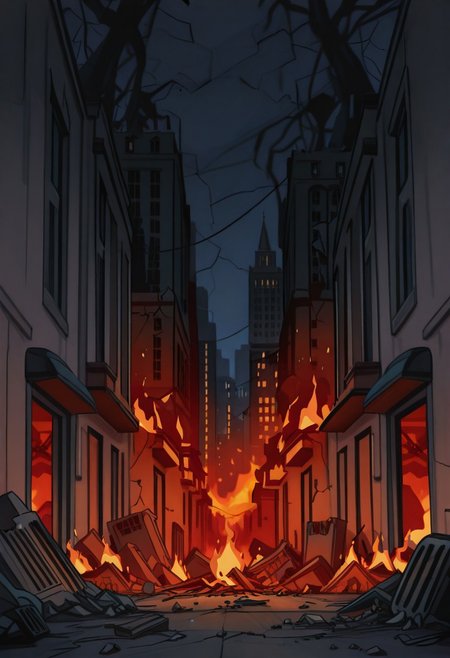 masterpiece, best quality,
 <lora:Inusen:1>
1n0s3n, nobody on screen, city destroyed background, drawned in inusen style, night, lots of buildings destroyed, lots of flames, dutch angle of an exterior corridor from a apartment building