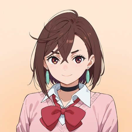 score_9, score_8_up, score_7_up, source_anime, BREAK 1girl, looking at viewer, gradient background, upper body, light smile, momo, brown hair, short hair, hair between eyes, asymmetrical bangs, brown eyes, earrings, black choker, school uniform, white collared shirt, pink sweater, long sleeves, red bowtie,  <lora:momo-ponyXL-v0.5-000008:0.8>