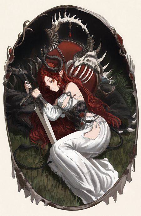 1girl, long_hair, red_eyes, dress, jewelry, tail, red_hair, lying, horns, detached_sleeves, pointy_ears, sword, white_dress, on_side, grass, bone