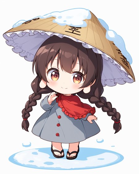 yatadera narumi,1girl, ajirogasa, solo, twin_braids, white_background, simple_background, long_sleeves, red_capelet, long_earlobes, grey_dress, smile, standing, chibi, buttons, sandals, brown_headwear, full_body, looking_at_viewer, snow, closed_mouth, clothes_writing, blush
<lora:yatadera_narumi_image528_2023-12-20:1>,star-shaped_pupils,symbol-shaped_pupils,. gorgeous,key visual, vibrant, studio anime,award-winning, professional, highly detailed,high budget, cinemascope
