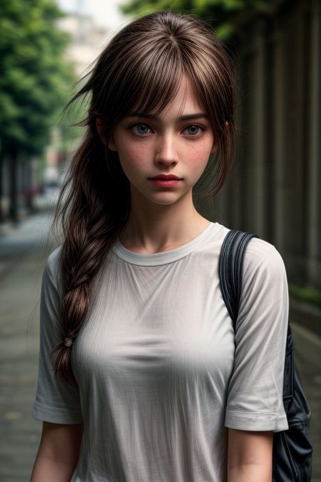 A masterpiece, the best quality:1.3)
ElliTLU, 1 girl, One, Long hair, chest, blue eyes, brown hair, shirt, long arms, closed mouth, green eyes, Upper body, ponytail, bag, lips, looking away, Traditional media, backpack, freckles, realistic, nose, Layered sleeves, short over long arms, holding hands