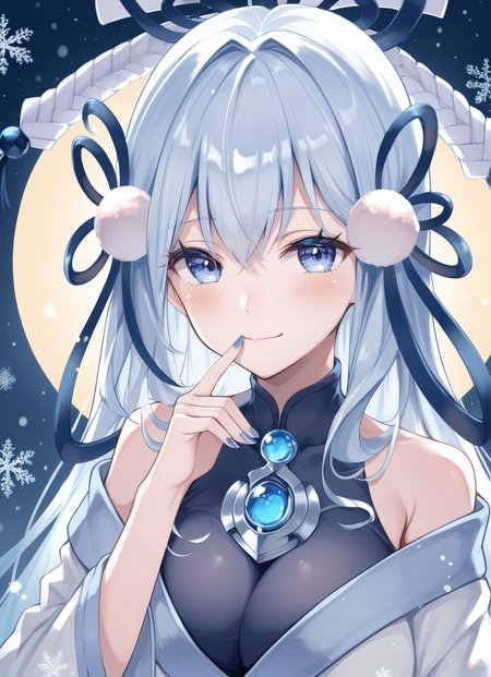 (score_9:0.9),score_8_up,score_7_up,rating_safe,(zPDXL3),(zPDXL),
masterpiece,intricate details,anime,4k,best quality,anime style,
<lora:Yuki-Onna, the Absolute Zero Mayakashi ponyXL v1:0.75>,blue theme,winter,
yuki-onna the absolute zero mayakashi, 1girl, solo, smile, looking at viewer, upper body, white japanese clothes, blue nails, off shoulder, cleavage, blush, finger to mouth, closed mouth, collarbone, large breasts, hand up, black hair ribbon, blue bodysuit, cyan chest jewel, white skin