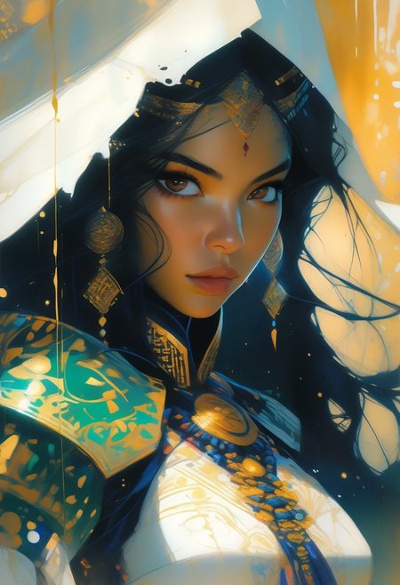 score_9, score_8_up, score_8_up, ((Cinematic composition)),((masterpiece)), (resplendent highlighting), 8k. 
1girl, (full body, facing camera, from low to the ground). An achingly stunning Lebanese Chinese princess performing a side kick , she’s wearing futuristic middle eastern fashion of jade and black and gold, ((full body)) long naturally wavy black hair caught up by the wind. (resplendent highlighting of her face). Charcoal and colourful oil pastels. impressionistic bidimensional.
faded watercolours (Klimt :1.2) dadaistic collage (by Bill Sienkiewicz:1.5), strikingly alluring face. brilliant spotlight effect. A splash of paint explodes by her feet. Vibrant thick dripping paint. Intense detail, realistic, dynamic shadows and contrasts.
surreal, intense colors, liquid, unreal parts, alluring, fluid, perfection, gothic. (Luminous skin dynamically highlighted), Illustration, (klimt:0.8) (Bill Sienkiewicz:1.5). maximum detail, Chinese watercolor and ink technique. Gold leaf highlights.
<lora:xl_more_art-full_v1:0.4> <lora:epi_noiseoffset2:1>3