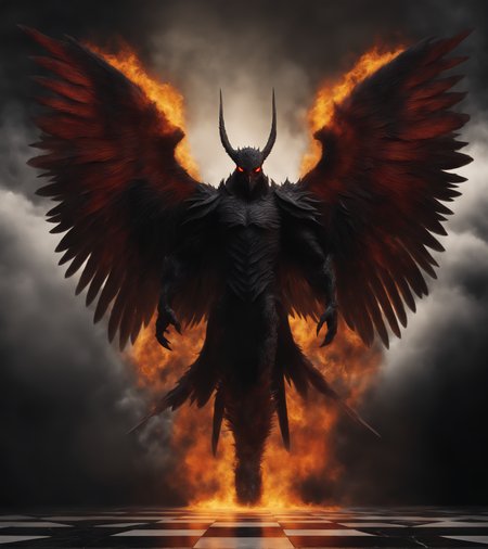 (The figure has large dark wings extending from his back. The symmetrical wings are menacing, with visible feathers; they are spread wide and fill the upper half of the picture.)
(The figure stands on the reflective black marble floor in the center of heaven, in intense dark yellow and red flames:1.5). Clouds of smoke mingle with the flames and amplifying the intensity.
The picture is photographed in a monochromatic scheme, mainly with shades of black, white and gray.
(intricate details, insane details, highly detailed, ultra high quality, sharp focus, high contrast, best shadows, soft lighting, dark artificial light, volumetric lighting, cinematic lighting, epic cinematic, 8k UHD, RAW photo, film grain, denoise, photorealistic, photo realism, long shot, centered:1.4)
