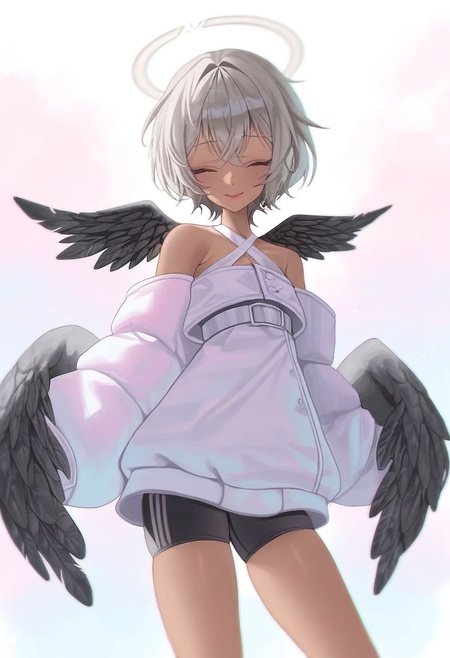 PNMPS, soft colors, pastel colors, traditional media, masterpiece, hires, solo, 1girl, skindentation, closed eyes, lips, smile, grey hair, pose, ashy dark-skinned female, bare shoulders, baggy jacket, black feather wings, metallic wings, bike shorts, bare legs, mechabare