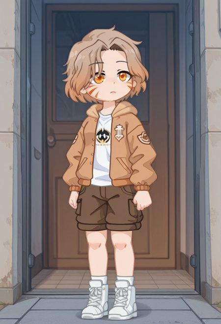 masterpiece,best quality,amazing quality,GachaS6ARAG, S6ARAG, brown hair, short hair, orange eyes, facial mark, open brown jacket, white shirt, brown shorts,  white shoes,standing