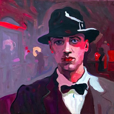 artmix07 portrait of a gangster with a hat in a club, 1920s<lora:artmix07:1>