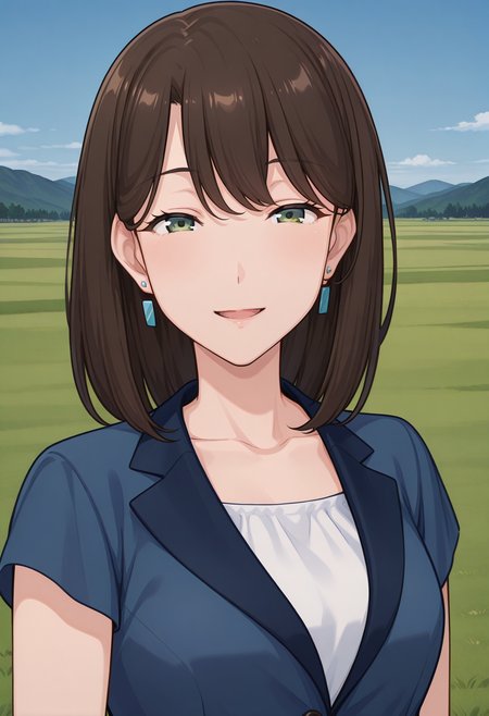 tantei1_yukiko, green eyes, brown hair, medium hair, mature female, earrings, collarbone, short sleeves, blue jacket, <lora:tantei1_yukiko_illustrious_ver1:0.8> 
smile,, masterpiece, best quality, sensitive,, 1girl, solo, blue sky, (grasslands:1.2), looking at viewer,, (upper body:1.2), (close-up:1.2), (facing viewer:1.2), (open eyes:1.4), (portrait:1.2)