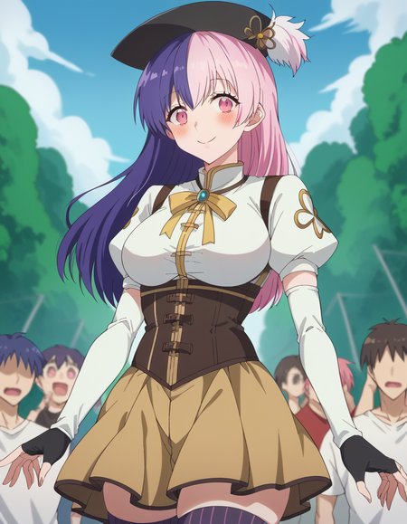 score_9, score_8_up, score_7_up, source_anime, <lora:nagomi-s1-ponyxl-lora-nochekaiser:1>, nagomi, long hair, bangs, purple hair, pink hair, multicolored hair, pink eyes, two-tone hair, split-color hair, large breasts, mature female,, <lora:mami-tomoe-cosplay-ponyxl-lora-nochekaiser:1>, mamitomoecosplay, tomoe mami (cosplay), black gloves, black headwear, black thighhighs, brown skirt, detached sleeves, fingerless gloves, gloves, magical girl, pleated skirt, puffy short sleeves, short sleeves, skirt, corset, striped clothes, striped thighhighs, white shirt, white sleeves, ribbon,, outdoors, street, smile, blush, , dutch angle, cowboy shot