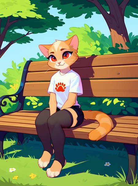 score_9, score_8_up, score_7_up, PDXL, <lora:PudgeRuffianV1:1.0>, pudgeruffian, 
1girl, cute face, detailed eyes, furry, anthro, cat girl, sitting on a bench, white-t-shirt, black shorts, dark red toeless stockings BREAK park in the background