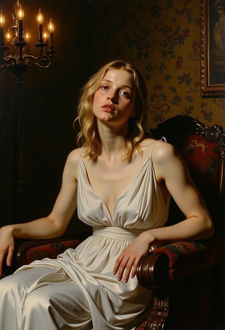 oil painting in style of Caravaggio, a woman with blonde hair, sitting on a chair. She has a slight, mysterious smile that has intrigued viewers for centuries. Her black eyes appear to follow the observer, adding to the painting’s allure. Her face is framed by golden, wavy hair, and she has a smooth, pale complexion. The overall expression is calm and composed, with a subtle hint of emotion that is difficult to pinpoint. She is wearing a white sleeveless dress. She is seated in a relaxed seduce pose with her right arm resting on the armrest and her left arm resting on her lap. Her legs are crossed, with her right leg over her left.  a richly adorned interior. The background features dark, textured walls with intricate tapestries and dimly lit candelabras casting a warm, golden glow. The scene is rendered in the dramatic style, with stark contrasts between light and shadow. The chiaroscuro effect emphasizes the contours of her face and the folds of her dress, creating a sense of depth and realism. The rich, dark palette of the background enhances the focus on the woman, making her the central figure in this composition. dramatic tension