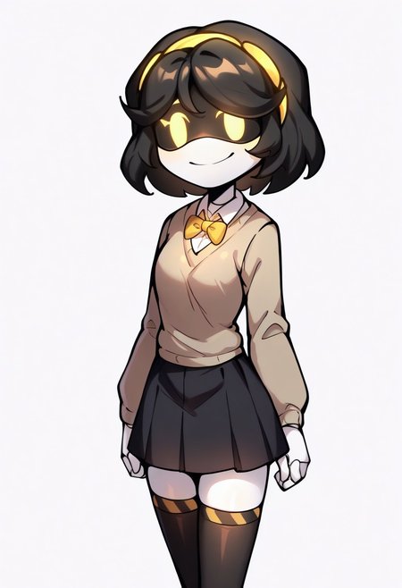 (masterpiece, high quality, highly detailed, best quality), SD-V, 1girl, solo, robot girl, humanoid robot, robot joints, hairband, short white hair, yellow eyes, solid circle pupils,
solo, skirt, short hair, , looking at viewer, , sweater, bow, bowtie, pleated skirt, white background, , bangs, black skirt, school uniform, black hair, simple background, long sleeves, smile