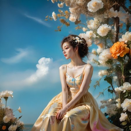 <lora:add-detail-xl:1.0>, 1girl, solo, dress, flower, hair ornament, hair flower, sitting, sky, realistic, brown hair <lora:LangV1:0.7>, <lora:RuanV1:0.6>,