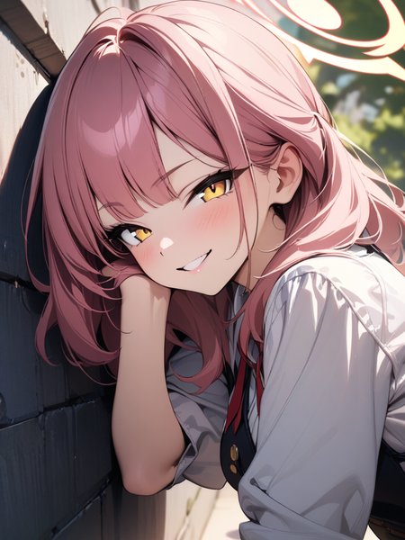 (masterpiece),(best quality),(ultra-detailed),(best illustration),(best shadow),(absurdres),(detailed background),(very aesthetic), looking at viewer, 1girl, solo, Aru_(Blue_Archive), yellow eyes, pink hair, leaning on a wall, looking at viewer, seductive smile, halo, upper body