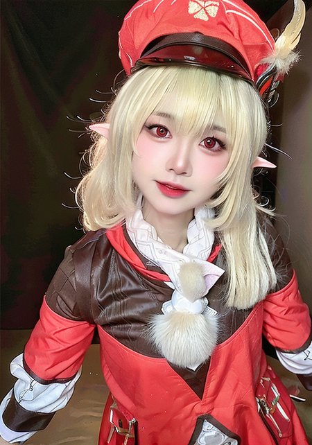 (masterpiece, best quality),  (photo realistic:1.55),(ulzzang-6500:0.65),detailed,  pointy_ears, hat, blurry_background, solo, blurry, 1girl, blonde_hair, hat_feather, elf, photo_\(medium\), gloves, klee_\(genshin_impact\), backpack, realistic, bag, depth_of_field, red_headwear,mittens,upper body,selfiemirror,(((arm around back))),