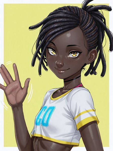 (masterpiece,best quality,newest,absurdres,highres), t4n1y4h, 1girl, black hair, dreadlocks, dark skin, yellow eyes, closed mouth, smile, upper body, raise left hand, waving, looking at viewer, yellow background  <lora:Taniyah_IllustriousXL:1>