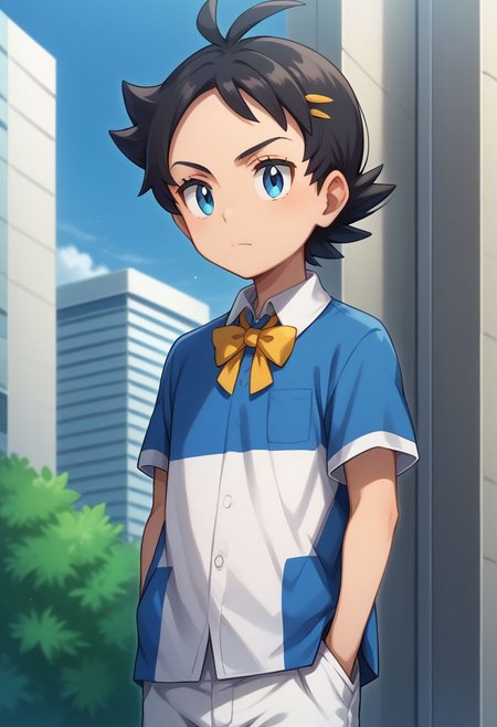 score_9, score_8_up, source_anime, highly detailed, 1boy, solo, skinny, human child,
go2, 1boy, male focus, solo, blue eyes, hands in pockets, shorts, closed mouth, antenna hair, white shorts, shirt, two colour shirt, white shirt, blue shirt,  eyelashes, short sleeves, collared shirt, ribbon at neck, yellow ribbon, bangs,
outdoor,