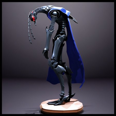 standing, tail, red eyes, cape, robot, blue eyes, ant king beru solo leveling, no humans, silhouette, manga, sword, antennae, black border, horns
