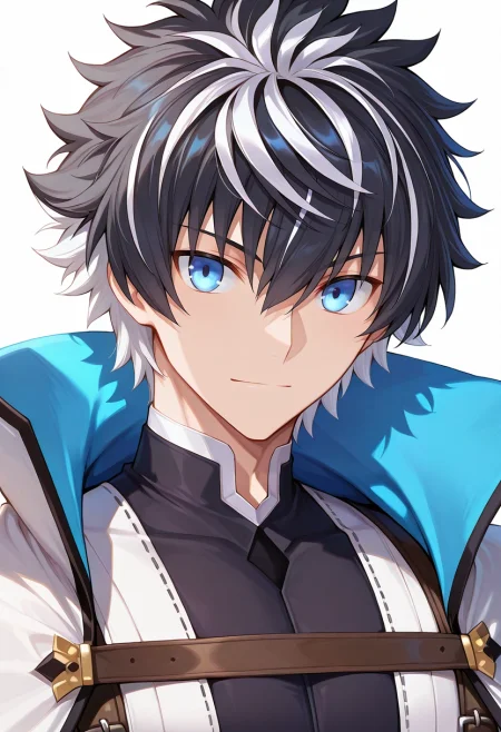 masterpiece, best quality, , , , 1boy, solo, male focus, <lora:charlemagne_fate_ilxl:1>, charlemagne_fate, black hair, blue eyes, multicolored hair, white hair, two-tone hair, short hair, hair between eyes, bangs, streaked hair, , ,