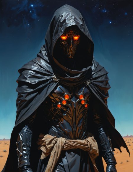 by Clive Barker, by JC Leyendecker, by Rafael Albuquerque, a dark hooded fantasy assassin with glowing eyes, walking on a black desert, otherworldly galactic night sky dressed in flowing rags, sad, dark, chiaroscuro, darkness, sparely lit, melancholic, extreme low key lighting, in the (style ofRealism:1.6), limited dark color palette, unusual colors, highly dramatic volumetric lighting
<lora:xl_more_art-full_v1:0.5>