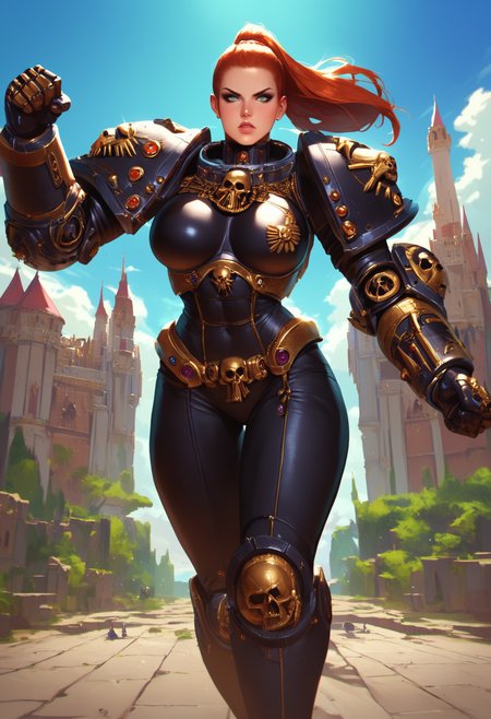 score_9, score_8_up, score_7_up, 
space marine, beautiful woman, redhead, ponytail, black deathwatch armor, action pose, palace,
hkmagic, DeathW40K