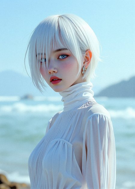 A hyper-realistic of a short haired woman with icy white hair with hair over one eye,  and pale, flawless skin. Her eyes are bright light blue, almost glowing, with digital patterns reflecting in them. Her lips are a glittering light pink, glossy and perfectly shaped. The background is an abstract, digital landscape, with soft gradients and blurred shapes, creating a dreamy, otherworldly atmosphere.

semi-transparent fabric layers that cling to the skin, creating a subtle, alluring effect with the water enhancing the texture and Soft, Flowing Skirt

realistic shine to the hair, with soft highlights following the natural flow and texture. Add subtle variations in color and thickness for a more dynamic look. soft, glossy texture to the lips, with realistic reflections and subtle texturing to emphasize the natural folds and curves.

intricate details to the eyes, with a reflective, slightly glossy sclera and subtle shading to create depth. a delicate eyeliner with a soft wing, blending gently into the lash line to enhance the eyes without overpowering the natural beauty.

Standing with one foot propped on a low rock, both hands on her hips, looking out at the horizon.