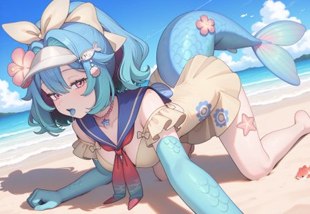 masterpiece, best quality, lazuli, 1girl, blue hair, hair bow, yellow bow, pink eyes, short hair, wide ponytail, medium breasts, fish tail, blue scales, head fins, visor cap, fish hair ornament, hair flower, pearl choker, sailor dress, yellow dress, single off shoulder, neckerchief, blue arms, blue hands, crawling, all fours, saliva, blue tongue, half-closed eyes, foreshortening, looking at viewer, from side, sideways glance