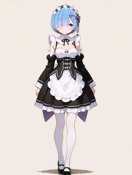 perfect quality,high quality,masterpiece,best quality,amazing quality,very aesthetic,absurdres,newest,
front view,full_shot,shy,
REMCYQL,1girl,solo,short hair,blue hair,bangs,hair over one eye,ribbon,hair ribbon,purple ribbon,hair ornament,x hair ornament,maid headdress,blue eyes,neck ribbon,roswaal mansion maid uniform,maid,cleavage,underbust,black ribbon,long sleeves,detached sleeves,apron,white apron,waist apron,skirt,black skirt,frilled skirt,pantyhose,white pantyhose,frills,mary janes,black footwear,
full body,standing,ok_sign,,
rosybrown background,simple background,
<lora:USNR STYLE_XL_loha:0.45>,usnr,<lora:spo_sdxl_10ep_4k-data_lora_webui:0.5>,<lora:illustrious_all_rated_v1:0.6>,<lora:ponyv5_noobV065S_1_adamW:0.7>,<lora:748cmSDXL:0.8>,748cmstyle,<lora:DarkerThanBlackIllustrious:0.5>,<lora:REM_Illustrious by Cyql:1>,