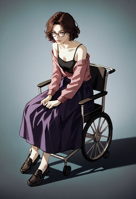 score_9, score_8_up, score_7_up, score_6_up, score_5_up, score_4_up,
BREAK
1girl, olivia funger, brown hair, short hair, black-framed eyewear, grey eyesm, wavy hair,
BREAK
sitting, wheelchair, black camisole, pink sweater, purple skirt, long skirt, black loafers,
BREAK
black background, simple background, dynamic pose, dark, <lora:Lunas-Uqi32-SDXL-A1:1> <lora:Lunas-Olivia-Funger-SDXL-A1:1>