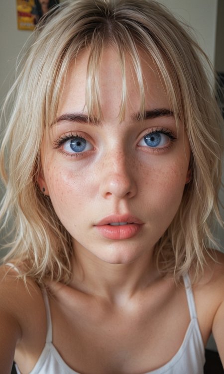 4k selfie with a surprised "o"-expression, deep focus, split-diopter lens. close-up, focus on her eyes. cluttered bedroom, posters on walls, ring lighting. long shaggy blonde (bangs between eyes, dark blue eyes, freckles, blush, natural lips, natural eyes, messy hair, black eyebrows, pierced eybrow) taking a selfie (iphone camera).. bent forward, mirror behind in distance, her back can be seen (reflection)