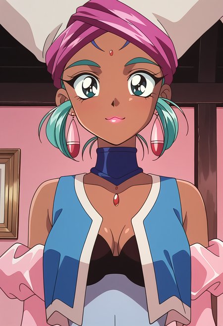 masterpiece, best quality, amazing quality, 1girl, solo, 1990s \(style\), retro_artsryle, anime coloring,
<lora:female_jinn1_v01:0.9>, female_jinn1, dark-skinned female, green hair, short hair, facial mark, bindi, green eyes, lipstick,
hat, turban, earrings, choker, jewelry, blue vest, arabian clothes, cleavage, waist bandana, striped bandana, pink elbow gloves, :3, upper body,