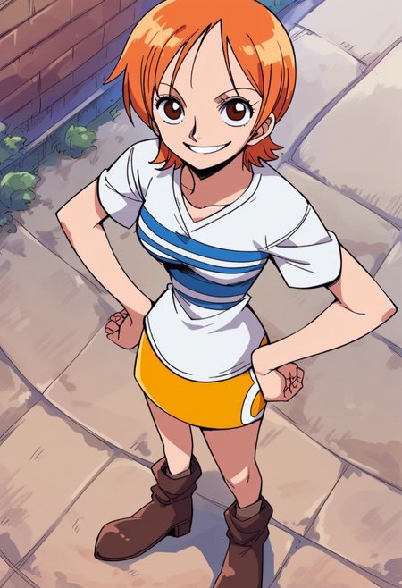 score_9, score_8_up, score_7_up, 1girl, solo, n4mi, orange hair, short hair, brown eyes, white shirt, striped shirt, yellow skirt, looking at viewer, smile, hands on hips, brown footwear, ankle boots, outdoors, full body, above angle, dutch angle
