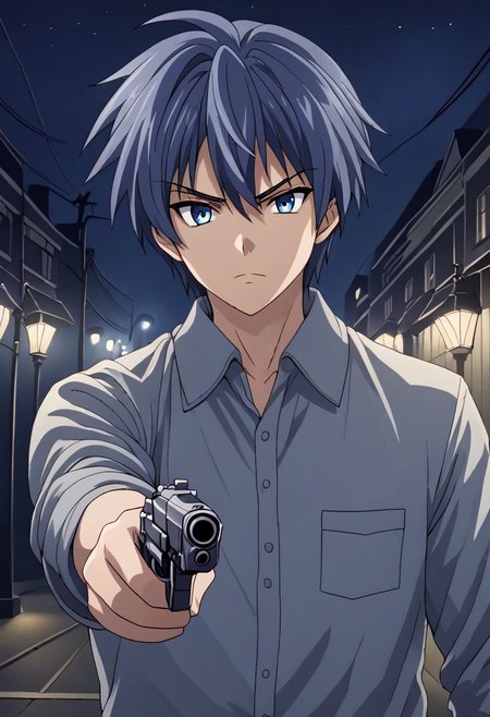 high resolution, solo, best quality, 1Boy, Tomoya Okazaki, Grey Blue Hair, portraits, midnight, dim street lights, mysterious, threatening, gun, aiming the gun to the viewer, OverallDetail