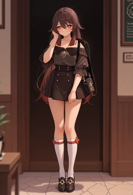 masterpiece, best quality, volumetric lighting, dramatic lighting, depth of field, sharp focus, semi realistic, realistic shading, warm natural lighting, (emphasize body curves:1.2), (mature female:1.2), (detailed face and eyes:1.2), (proper anatomy:1.3), natural interaction, (highlighted skin gloss:1.1), 
BREAK
1girl, hu tao \(genshin impact\),  standing outside cafe, long brown hair, off-shoulder blouse, short skirt, thigh-high socks, shy, hand touching hair, handbag on shoulder, legs together, full body, coffee shop entrance, waiting pose, warm afternoon, calm mood
<lora:illustrious_quality_modifiers_masterpieces_v1:0.6> <lora:MGE_V5.2_IL:0.7> <lora:ppw_v7_Illuv1.0_1_r2:0.4> <lora:USNR_STYLE_ILL_V1_lokr3:0.5>
