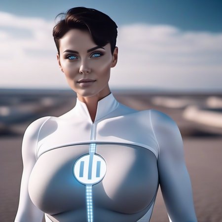 cinematic photo a full body woman with blue eyes and short dark hair, huge breast, wears a futuristic white and grey bodysuit , posing for a picture with a sky background <lora:Anissa1024:0.8> . 35mm photograph, film, bokeh, professional, 4k, highly detailed