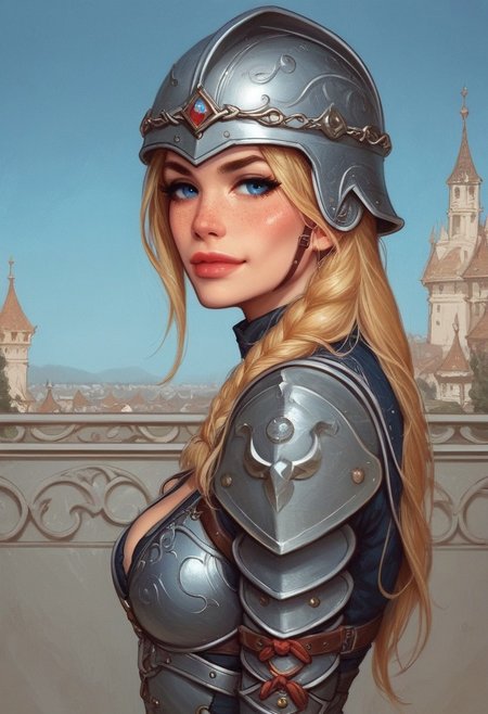1girl, (((side view))), illustration, looking at viewer, highly detailed, source_comic_illustration, from front, 1girl, illustration, comic style, looking at viewer, highly detailed, source_comic_illustration, skinny, looking at viewer, 1girl, masterpiece, best quality, <lora:Evie_Frye_pxl:1> score_9, score_8_up, score_7_up, score_6_up, score_5_up, score_4_up, source_photo, source_real, 1girl, solo, long hair, breasts, ((gatekeeper clothes)), looking at viewer, blonde_hair, ((((medieval helmet)))), cleavage, closed mouth, blue eyes, guards armor, eyelashes, ((leather armor)), freckles, realistic, nose, (((dynamic pose, dynamic angle)))
BREAK 
sad smile, looking at viewer, 
BREAK 
best quality, depth of field, bokeh, (((full clothed)))  (best quality, high detail), ((masterpiece)), ((((holdind big sword in hands)))), <lora:1_ino_20e:1>
BREAK 
((((blue sky, city)))) score_9, score_8_up, score_7_up, score_6_up, source_cartoon, rating_explicit, Expressiveh, (((((upper body))))), dynamic pose