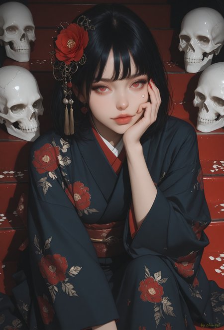 score_9, score_8_up, score_7_up,
best quality,masterpiece,highres,Highly detailed,realistic skin texture, detailed picture,UHD,32k,

rating_explicit,

A Glamour woman sitting gracefully on red stairs surrounded by scattered skulls, wearing a traditional Japanese kimono in black and red with intricate floral patterns. The woman has short black hair adorned with red floral ornaments and a serene, slightly playful expression. Her pose is relaxed, with one hand resting on her cheek, and her gaze is slightly to the side, creating a mysterious and elegant atmosphere. The environment is surreal and symbolic, with the contrast of vibrant colors and stark white skulls enhancing the dramatic and otherworldly tone. The art style features detailed anime-style illustration with high contrast and sharp line work