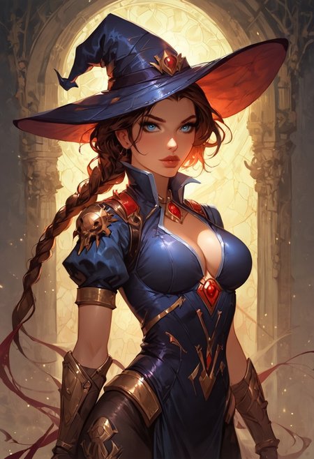 Stable_Yogis_PDXL_Positives,  (score_9, score_8_up, score_7_up), source_nsfw, ((face focus, eye focus, dynamic angle, motion)), 1girl, fantasy, Tarot Card Style, ((spellbinderwidow, TRLCLAS)), (widowmaker (overwatch), goggles, witch hat, cape), (brown hair, single braid, lips, large breasts), breathless intimacy, textured skin, leggings, skirt, petite model bombshell, young, delicate features, narrow pointy nose, tiny nose, brown hair, medium length hair, lust, big eyes, seductive eyes, blue eyes, detailed skin, flared lashes, mascara, makeup, breasts, athletic body, narrow waist, wide hips, ((tiny waist)), ((hourglass figure)),((sexy pose)), sensual gaze, 
warm light, detailed, neon dark party
 BREAK
milky way, runes, arcane, astral, surreal, ethereal glow, masterpiece, best quality, intricate design. colorful, moonlit nightsky, moody whimsical color palette, bold soldering lines, volumetric light shining through, crepuscular rays, intricate craftsmanship, detailed texture, luminous transparency, reflective light play, vivid hues, atmospheric depth, enchanting silhouette, art nouveau,