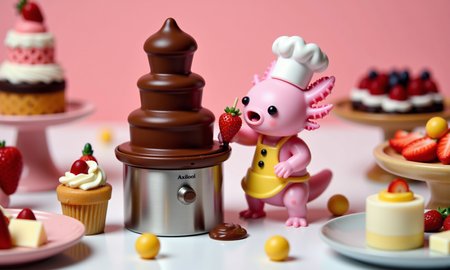 close-up of a pink axolotl in a tiny chefâs hat and apron, standing in front of a miniature chocolate fountain, carefully dipping a tiny skewer with strawberries; its frilly gills are perked up, and its round black eyes are filled with joy as chocolate drips onto the strawberry; tilt-shift blur on the background shows miniature desserts, plates of fruit, and other tiny treats, creating a delightful and sweet atmosphere with realistic textures and rich colors<lora:Axomodel_Flux_V2.safetensors:0.5:0.5> <lora:wh1m5y_style flat illustration__FLUX.safetensors:1:1>
