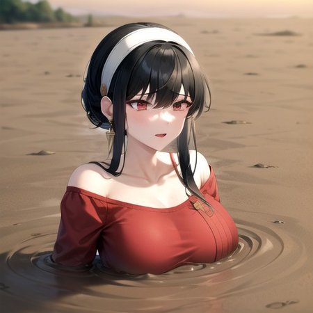 1girl, solo, huge breasts, bbyorf, short hair with long locks, white hairband, red eyes, gold earrings, large breasts, jewelry, off shoulder, red sweater, sweater dress, long sleeves, black pantyhose, partially submerged, in quicksand, flooding up to the chest, upper body, horny,