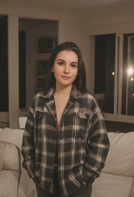 30yo woman wearing Plaid Polar Fleece Shacket with white textures 
long black dark hair slick back and smooth. Kissface. 
smile. Looking at camera. POV.
happy. 
Living room. Fully furnished.
Night time.
Portrait.