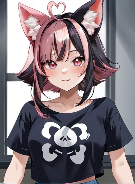 score_9, score_8_up, score_7_up, source_anime, <lora:Suwie:0.8>, suwie, 1girl,  black hair, animal ears, upper body, pink hair, ahoge, heart ahoge, multicolored hair,  virtual youtuber, cat ears,  pink eyes,  two-tone hair, streaked hair, animal ear fluff, cat girl, heart ahoge, two-tone hair, medium hair,