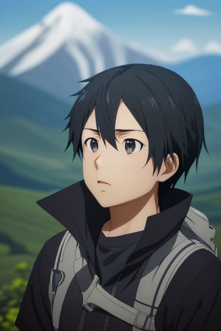 high resolution, solo, best quality, 1Boy, Kazuto Kirigaya, portraits, Black Hair, Black Eyes, landscape, looking away, high mountain, hiking gear, shallow depth of field, OverallDetail