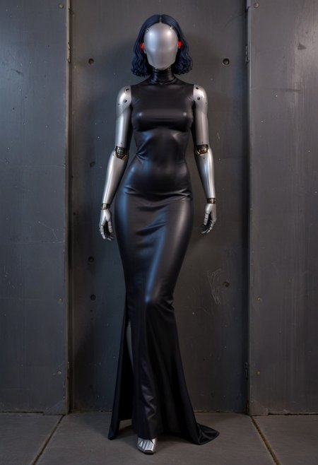 solo, A 35mm full length photo of  a beautiful 20 year old woman, she is a humanoid robot , robotic body, freckles, smooth featureless grey robotic skin, robotic aerials, metallic dark blue hair, wearing a black gothic dress in the style of wednesday adams, standing in a cemetery , robotic face with minimal features
mannequin, faceless, egghead, TheFaceLess