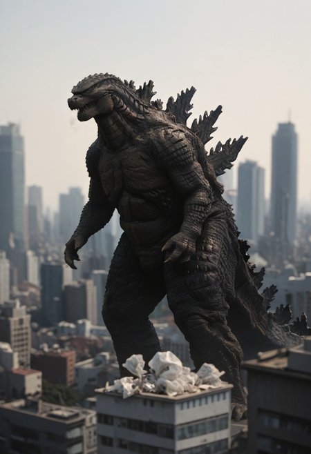Score_9, score_8_up, score_7_up, score_6_up, zPDXL3, wide shot, monster focus, BREAK, realistic,hyperrealism,ornate,studio photograph, skinny Godzilla kaijuu,gigantic monster, model_buildinga, model_kit_(medium), city skyline, plastic buildings, forced perspective, blurry background, building, outdoors,
